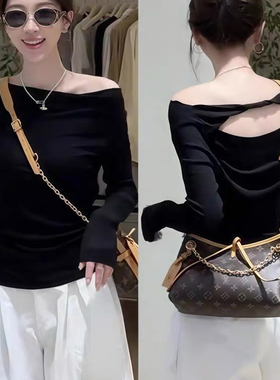 YJIA 伊嘉韩系设计感小心机一字肩露背百搭长袖T恤57135