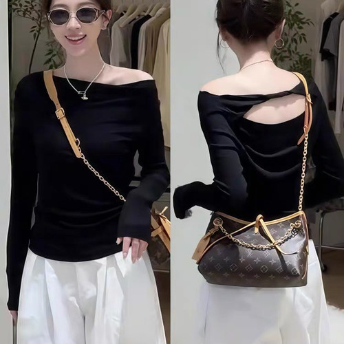 YJIA 伊嘉韩系设计感小心机一字肩露背百搭长袖T恤57135