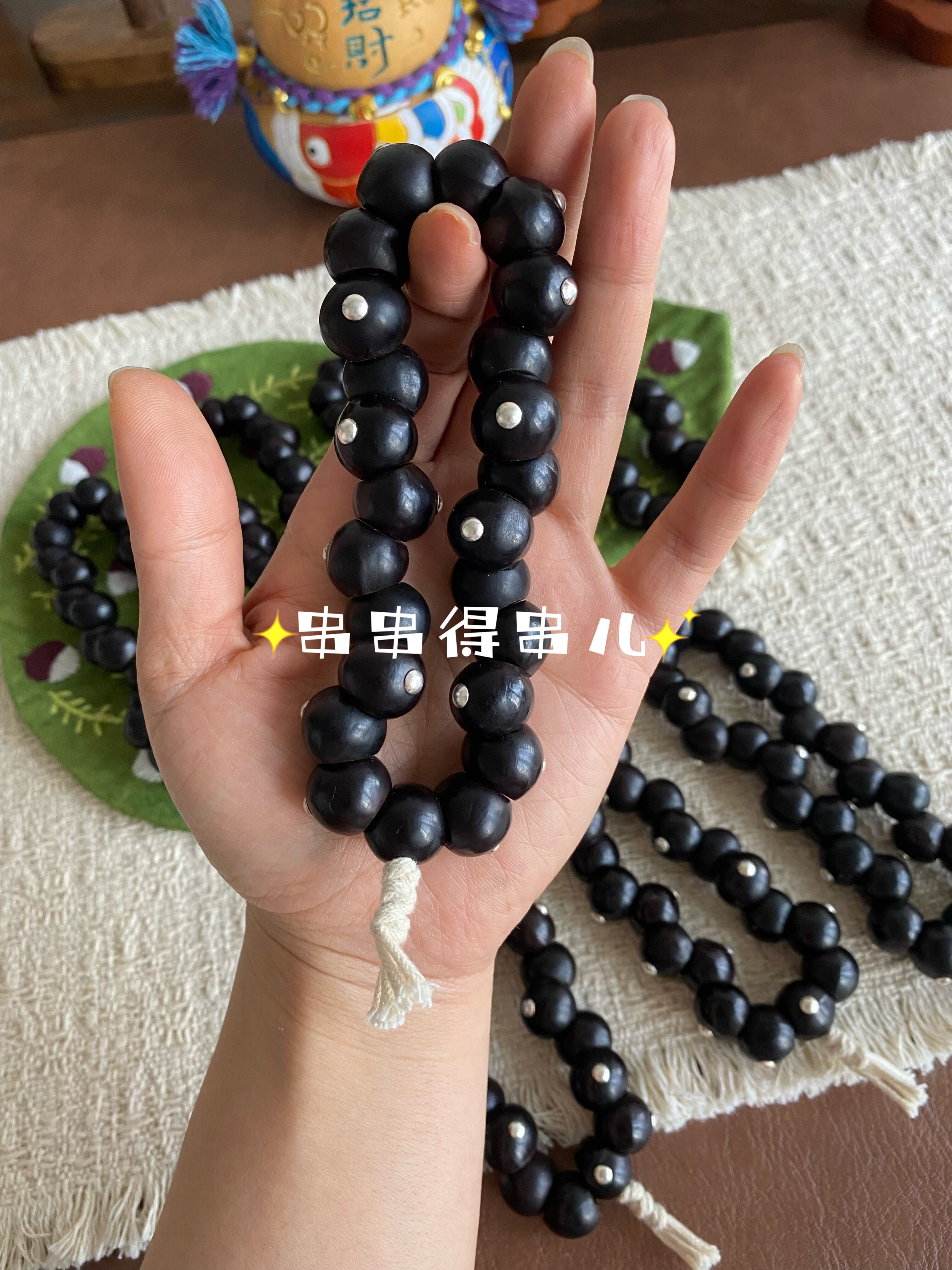 【黑煤球】约卡15mm无患子蒜瓣大肠手持镶嵌925银钉文玩树籽手串
