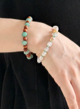 新中式樱花玛瑙渐变檀木绿手链