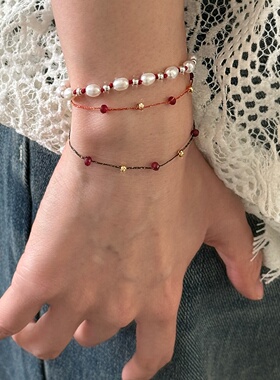 韩系通体S925纯银天然淡水珍珠手工编织红黑两色手串小众精致手饰