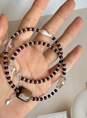 S925银国风天然银曜石双圈手串