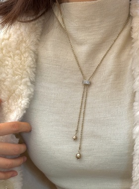 异彩可抽拉双珠锆石珍珠毛衣链