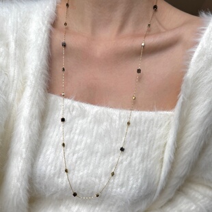 美拉德咖色方形虎眼石串珠叠戴双层长项链复古毛衣链轻奢高级感女