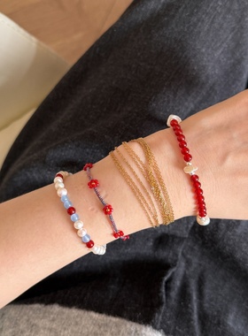 精致编织多层链条红宝石手链