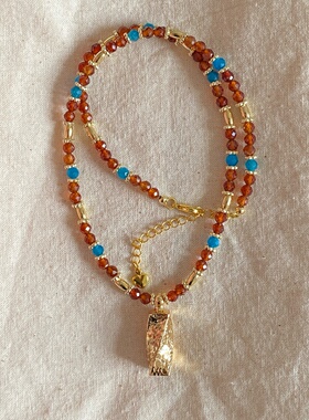 原创美拉德天然石串珠碎冰冰四方来财项链复古轻奢高级感毛衣链女