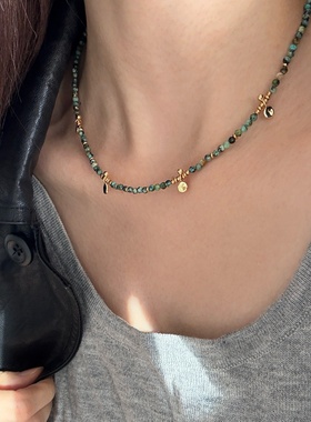原创异彩秋冬季复古绿小金勺项链