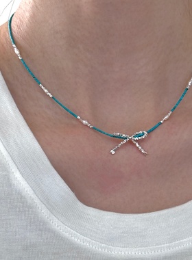 天然淡水珍珠绿松石蝴蝶结项链