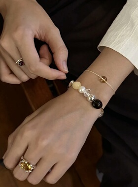 韩系ins天然茶晶白水晶S925纯银弯管手串复古轻奢小众设计手饰女