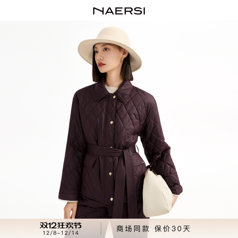NAERSI娜尔思商场同款菱形格棉服外套25冬季新款百搭内搭保暖棉衣