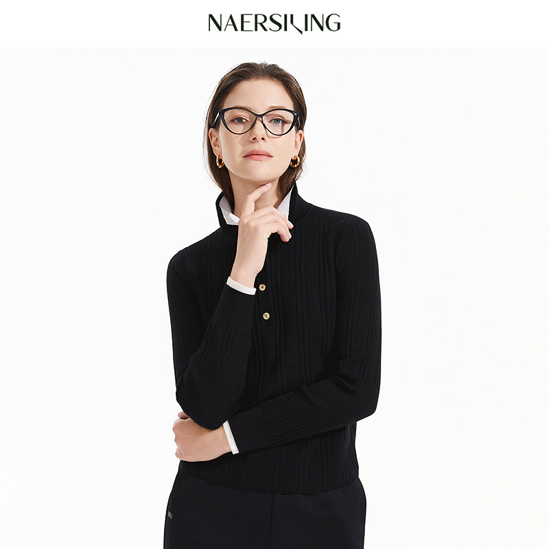 【绵羊毛】NAERSI娜尔思趣味撞色假两件坑条羊毛衫26春季新款上衣