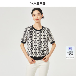 百搭上衣 NAERSI 娜尔思气质通勤圆领印花针织短袖 2025夏季 新款