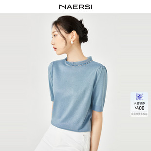 通勤五分袖 NAERSI 时尚 娜尔思立领单色简约百搭针织衫 上衣 女夏季