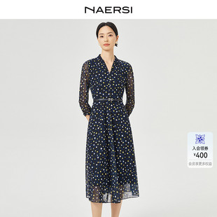 NAERSI 娜尔思时尚 气质黑色波点V领连衣裙2025年夏季 配腰带