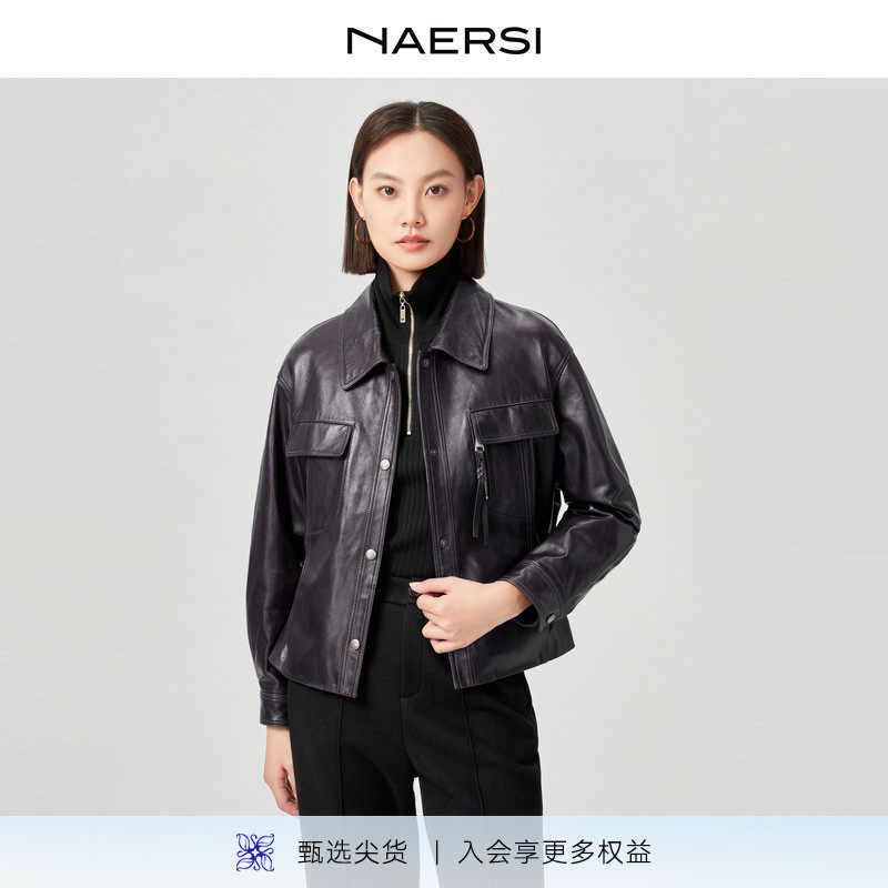NAERSI娜尔思皮羽绒外套机车毛领皮衣显瘦腰带2025年冬季新