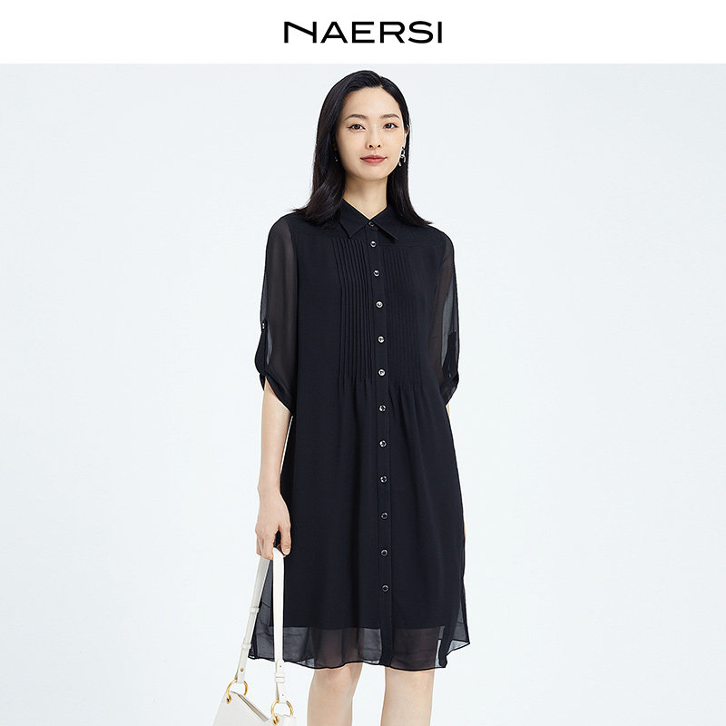 【经典爆款】NAERSI/娜尔思轻职场衬衫式通勤雪纺七分袖连衣裙