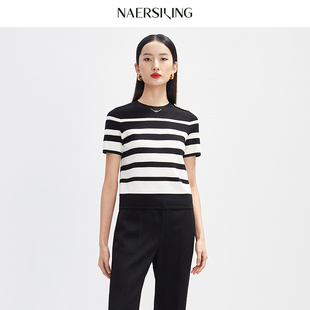 NAERSI/娜尔思显年轻高级感百搭条纹针织衫夏季修身短袖上衣女