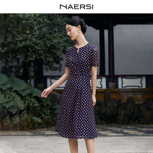 NAERSI/娜尔思夏季优雅气质印花圆领裙子A字裙短袖连衣裙