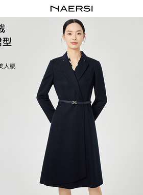 NAERSI娜尔思绵羊毛连衣裙异材质拼接女2025冬季V领拼接花卉裙子