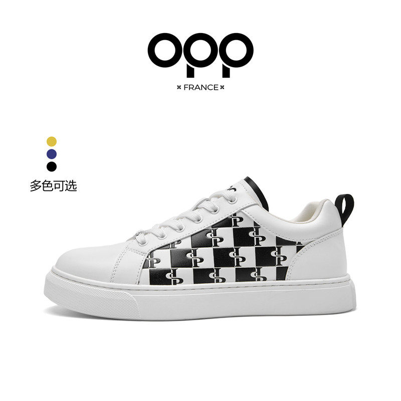 OPP男鞋春季棋盘格子流行款轻奢真皮低帮轻便百搭休闲运动板鞋男