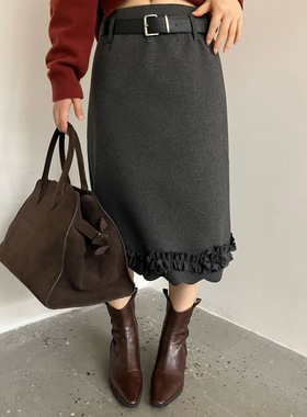 欧洲站高货羊毛尼腰带半身裙2025秋冬新款时尚百搭显瘦中长款裙子