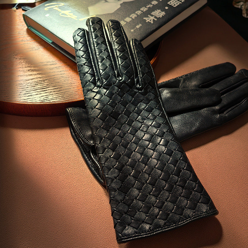 编织真皮手套女薄款进口山羊皮单层修手清水纯小羊皮时尚秋冬季潮