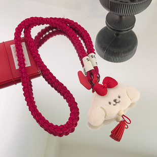 超可爱ins红蝴蝶结流苏小狗挂件手机壳挂绳加粗斜跨长绳户外通用