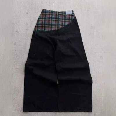 Splicing grid element loose straight leg jeans