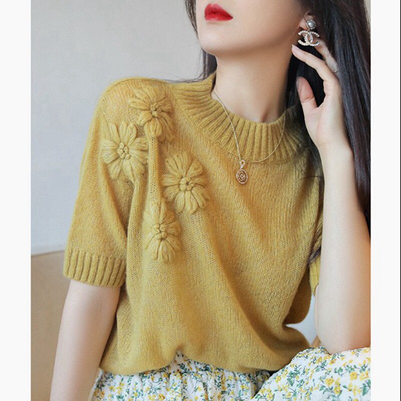 羊绒羊毛衫重工钩花手工刺绣短袖毛衣上衣外套头法式短款针织衫新