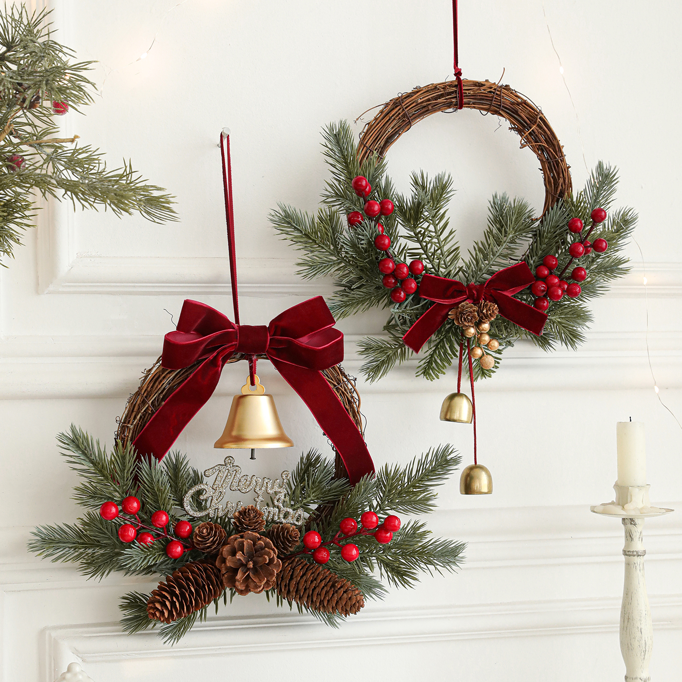 2025新款圣诞藤编花环铃铛挂件