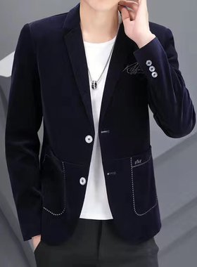 男士休闲灯芯绒西装男韩版修身潮流平绒小西服青年单西上衣外套潮