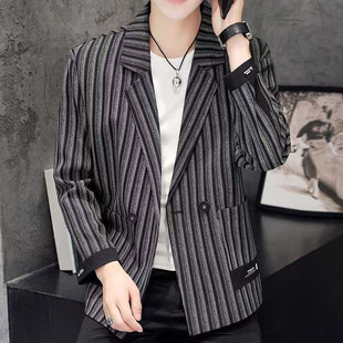 西装男士春秋装休闲条纹小西服韩版帅气宽松青年单西外套男单上衣