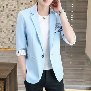 新款 夏季 简约纯色中袖 小西装 单西上衣 七分袖 青年修身 西服外套男士