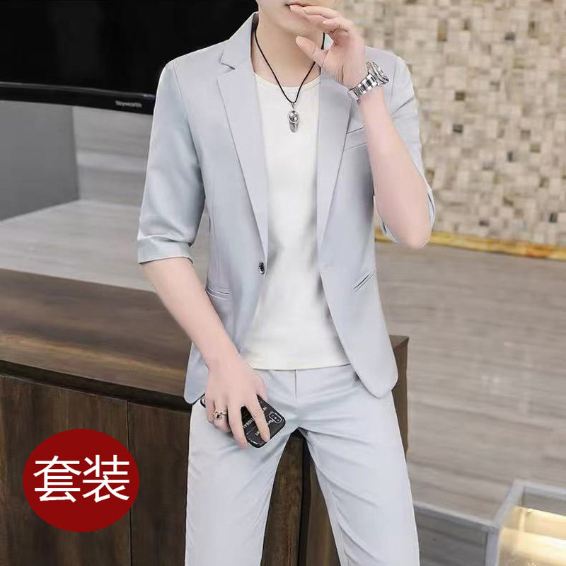 西装套装男士七分袖夏季薄款韩版修身西服男外套时尚两件套男潮