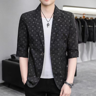 中袖 西装 外套男士 七分袖 休闲男装 潮流修身 韩版 潮 印花小西服男夏季