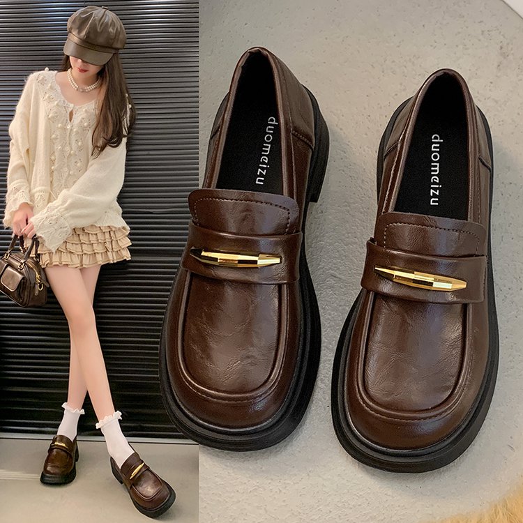 英伦风厚底JK小皮鞋女2025春秋新款百搭真皮乐福鞋一脚蹬软底单鞋