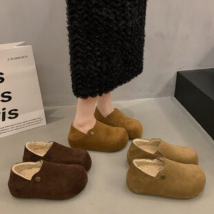 韩版网红爆款加绒单鞋女2026新款冬季平底复古洋气百搭勃肯鞋棉鞋