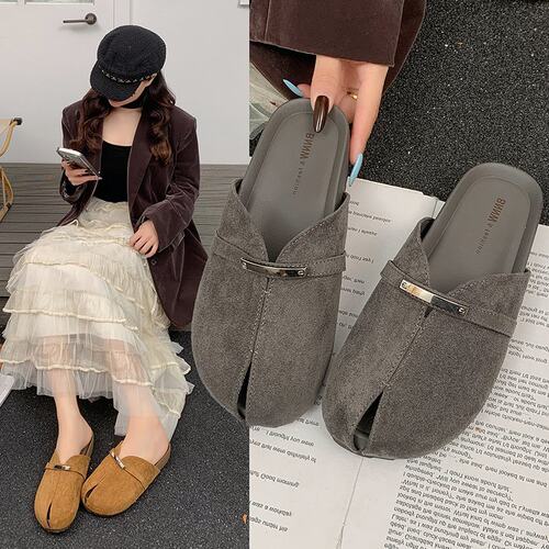 包头半拖鞋女外穿2026夏季新款软皮穆勒鞋厚底勃肯鞋女凉拖懒人鞋