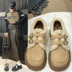 厚底英伦小皮鞋女秋冬2023新款毛毛乐福鞋加绒棉鞋女鞋粗跟勃肯鞋