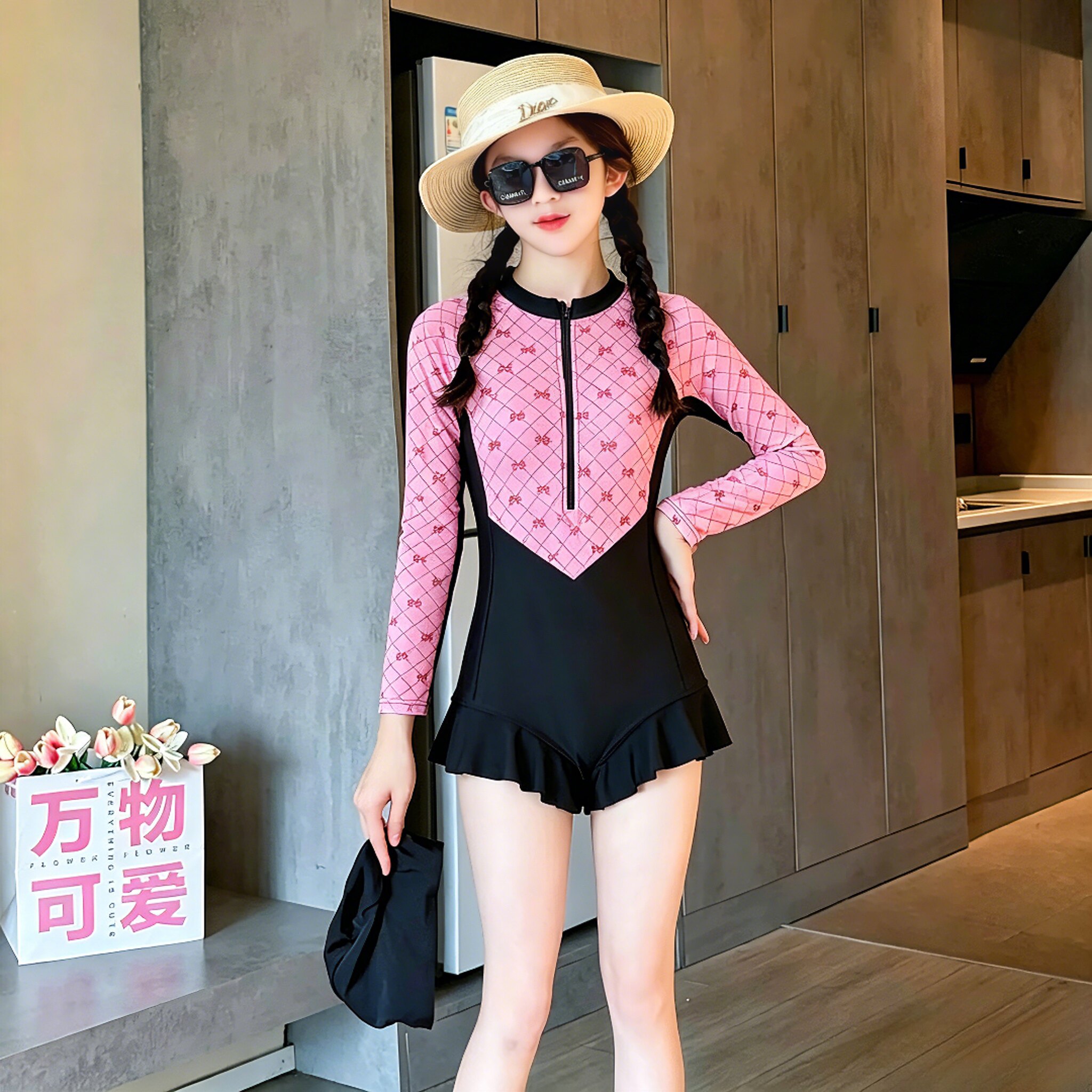 女童泳衣夏季长袖防晒新款时尚洋气中大童女孩度假速干泳装泳服