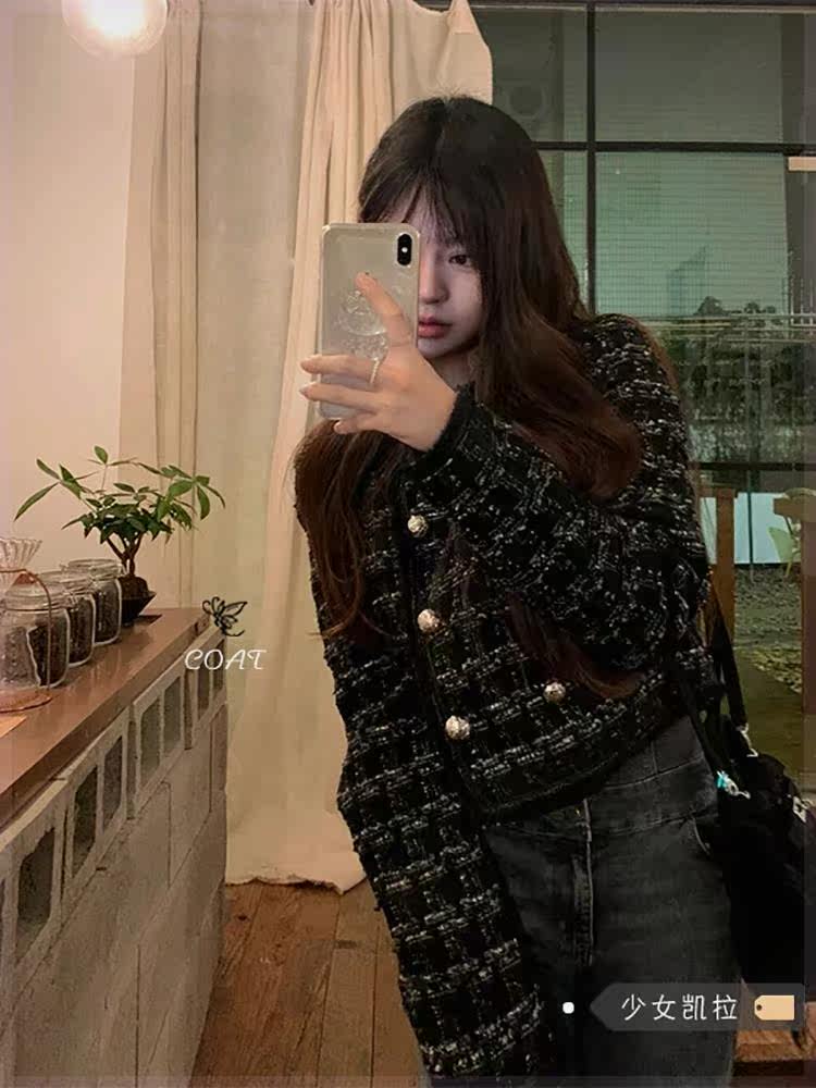 法式小香风黑色格子外套女春秋新款高级感设计感短款宽松长袖上衣