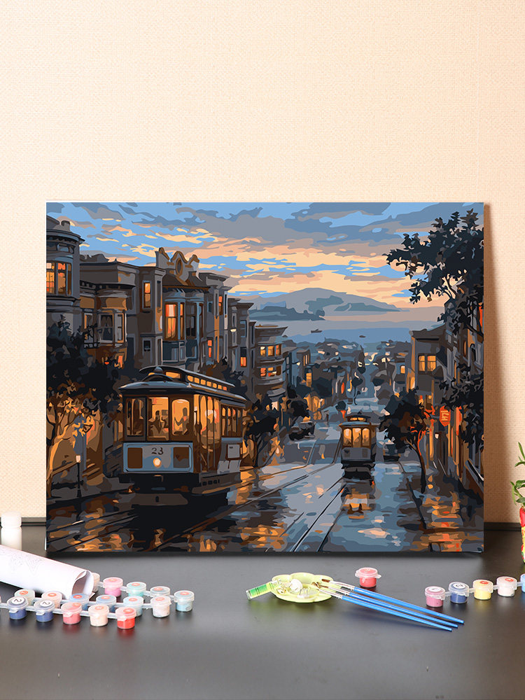 数字油画diy油彩画城市街景手绘装饰画电车风景画复古手工填色画