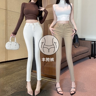 丰胯韩女小白裤韩系高腰提臀简约小脚裤牛仔裤纯欲铅笔裤