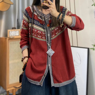 休闲文艺复古圆领长袖针织开衫女秋冬季民族风外套棉线花纹设计感