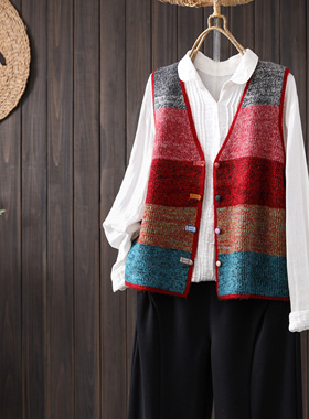 2025新款撞色条纹单排扣圆领无袖上衣针织开衫彩色复古设计慵懒感