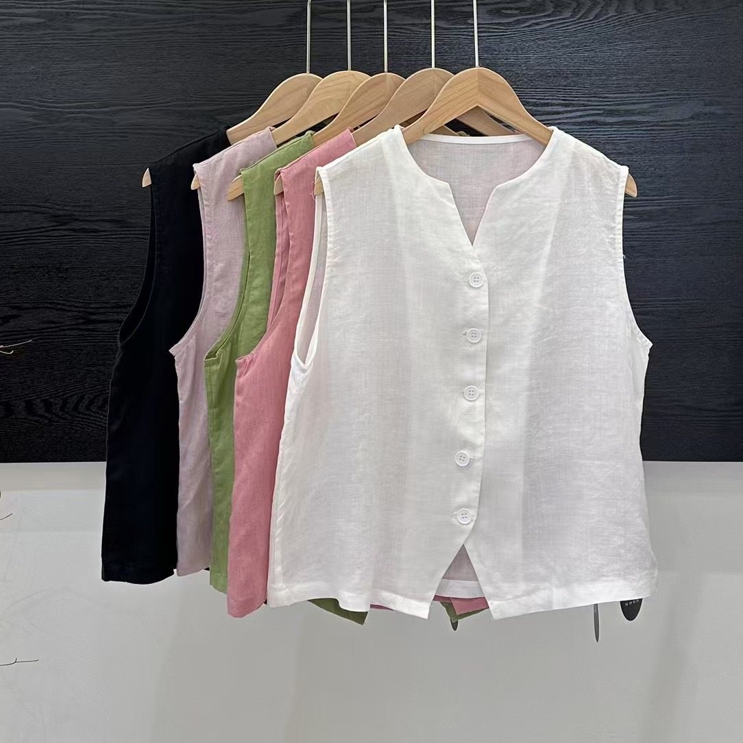2025春季新款文艺复古简约纯色苎麻V领马甲衬衫女气质设计感上衣