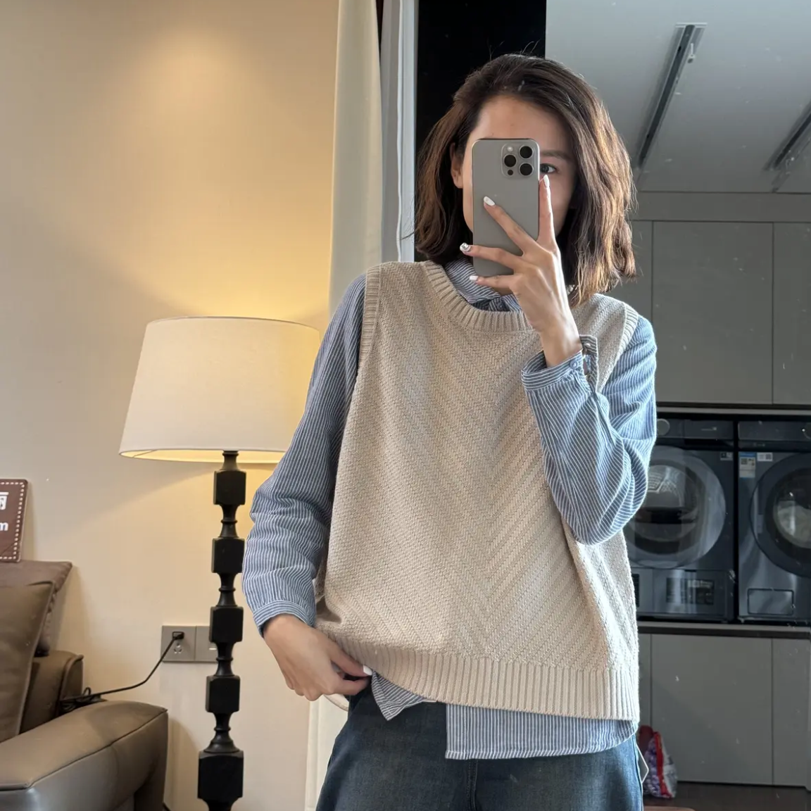 波纹新款圆领宽松背心马甲洋气