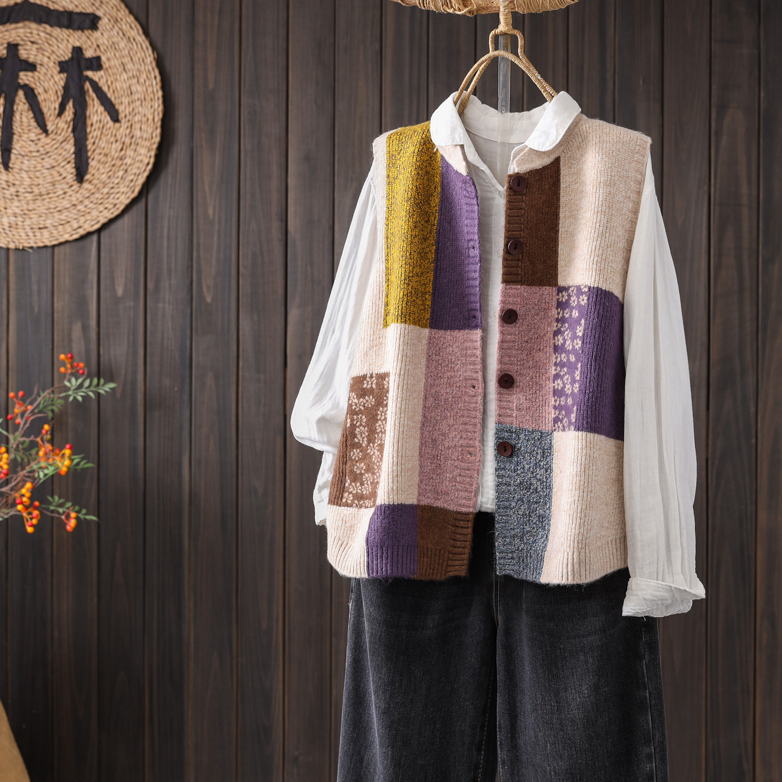 秋季马甲宽松舒适棉线针织拼接色