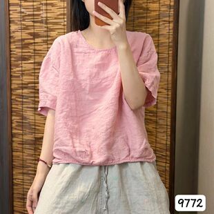松弛文艺风女宽松圆领亚麻短袖衬衫韩版百搭套头上衣通勤亲肤透气
