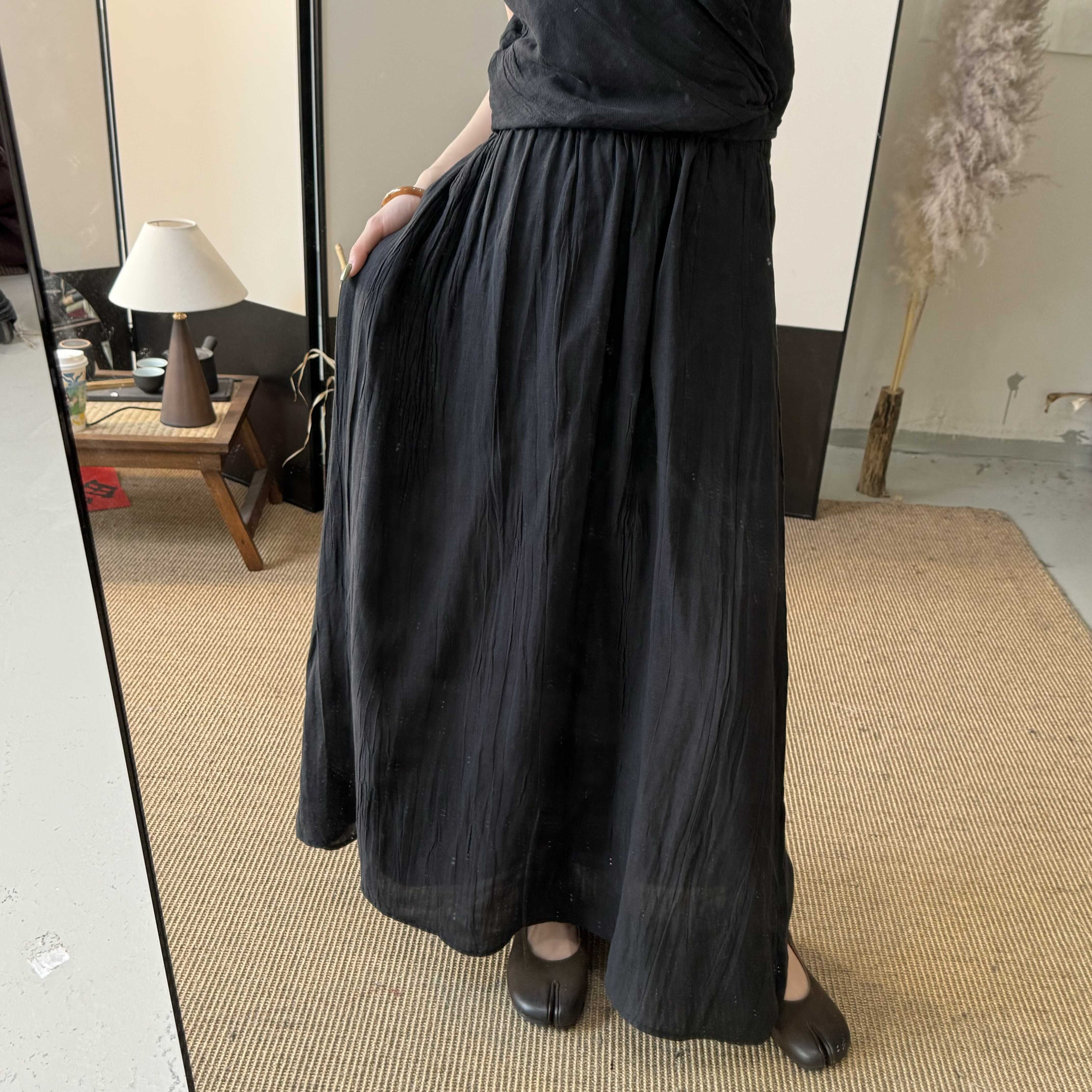 夏季休闲复古苎麻褶皱半身裙女文艺简约新款松紧腰显瘦大摆长裙子